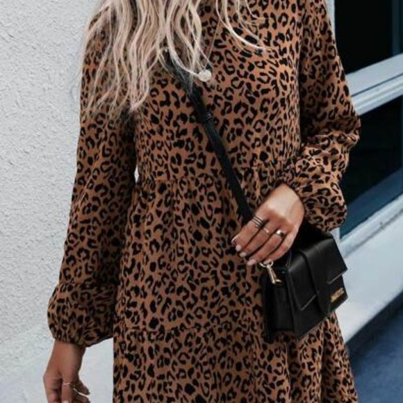 All Over Leopard Print Bishop Sleeve Dress - Picture 2 of 7